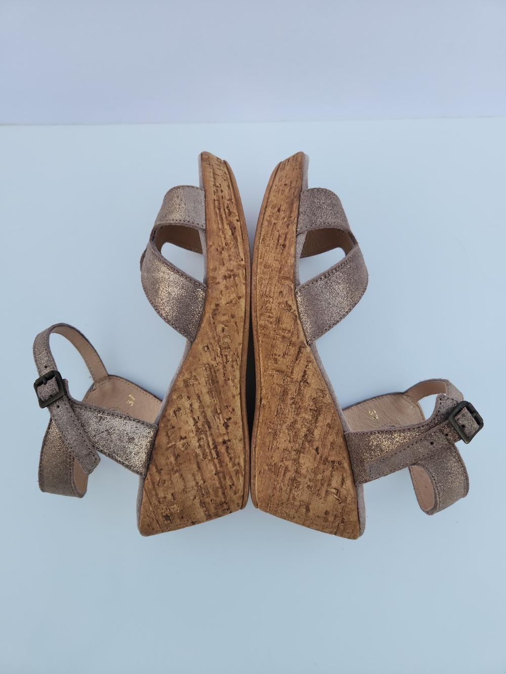Sundance Metallic Taupe Ankle Strap Suede Leather Cork Wedge - Picture 3 of 13